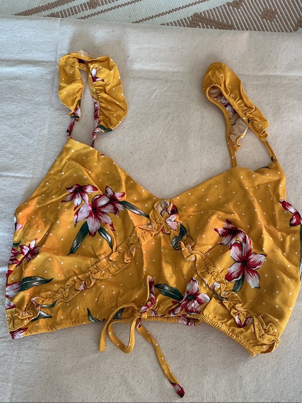 Guess Yellow Floral Ruffle Tie-Front Crop Top